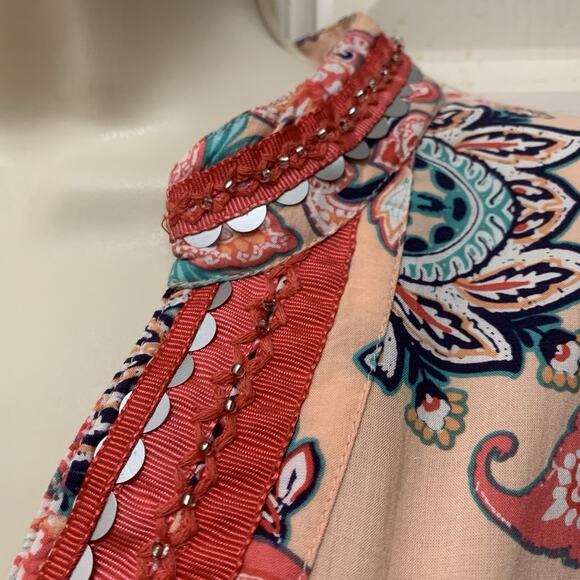 Charter Club Floral Tunic Top – Size Medium – NWT Boho Beaded Rayon Peach Coral - Picture 6 of 8